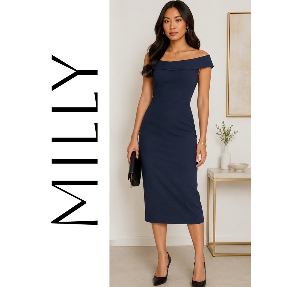 MILLY‎ Cady Navy Blue Elegant Bateau Sleeveless Midi Sheath Dress, Size XS